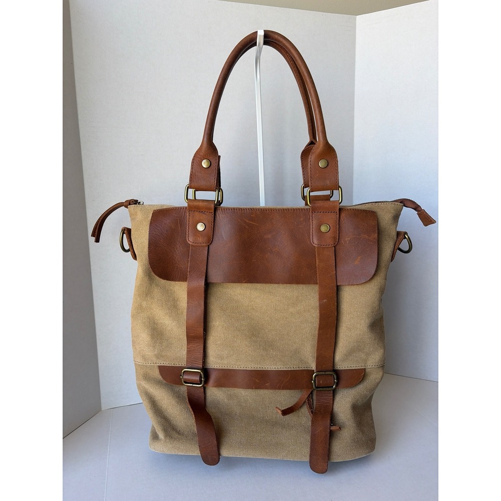 Anthropologie Jesslyn Blake Canvas Leather Shoulder Bag Tan Brown Buckle Satchel